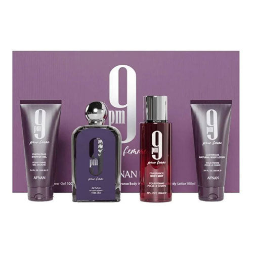SET AFNAN 9PM FEMME  ( 4 PC ) 3.4 OZ EDP SP / 3.4 OZ SG / 3.4 OZ BL / 5.0 OZ BODY MIST