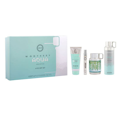 SET ARMAF LUX ODYSSEY AQUA  (4 PC )3.4 OZ EDP /0.34  TRAVEL SP /3.4 OZ  SG / 6.8  OZ BODY SPRAY