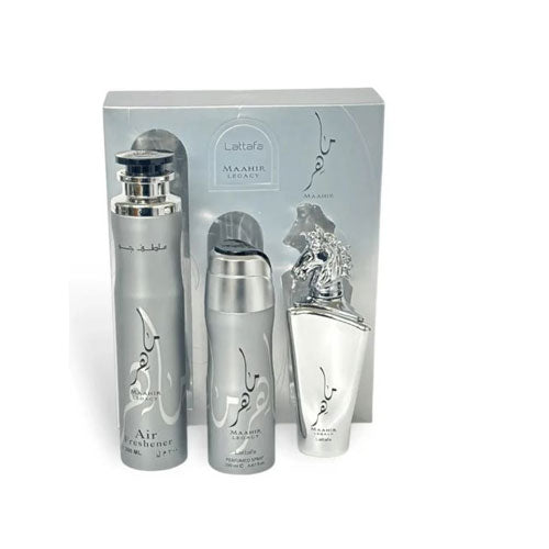 SET LATTAFA MAAHIR LEGACY ( 3 PC )3.4 OZ EDP / 6.76 OZ DEO / 1.7 OZ  AIR FRESHNER